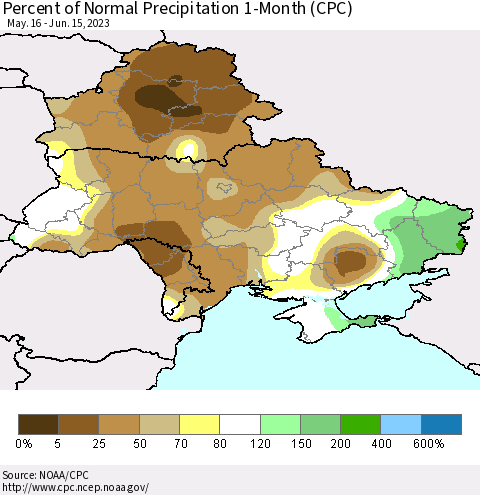 Ukraine, Moldova and Belarus Percent of Normal Precipitation 1-Month (CPC) Thematic Map For 5/16/2023 - 6/15/2023