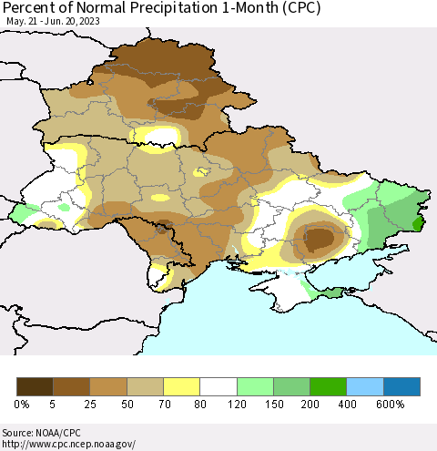 Ukraine, Moldova and Belarus Percent of Normal Precipitation 1-Month (CPC) Thematic Map For 5/21/2023 - 6/20/2023