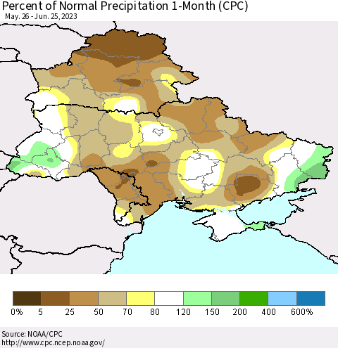 Ukraine, Moldova and Belarus Percent of Normal Precipitation 1-Month (CPC) Thematic Map For 5/26/2023 - 6/25/2023