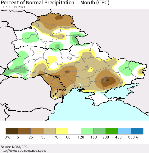 Ukraine, Moldova and Belarus Percent of Normal Precipitation 1-Month (CPC) Thematic Map For 6/1/2023 - 6/30/2023
