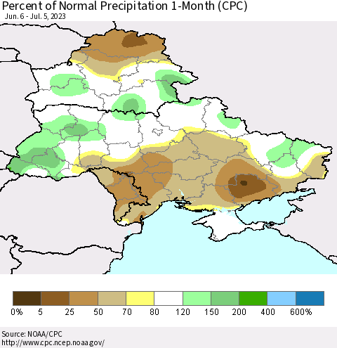 Ukraine, Moldova and Belarus Percent of Normal Precipitation 1-Month (CPC) Thematic Map For 6/6/2023 - 7/5/2023