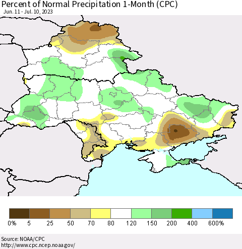 Ukraine, Moldova and Belarus Percent of Normal Precipitation 1-Month (CPC) Thematic Map For 6/11/2023 - 7/10/2023