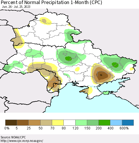 Ukraine, Moldova and Belarus Percent of Normal Precipitation 1-Month (CPC) Thematic Map For 6/26/2023 - 7/25/2023