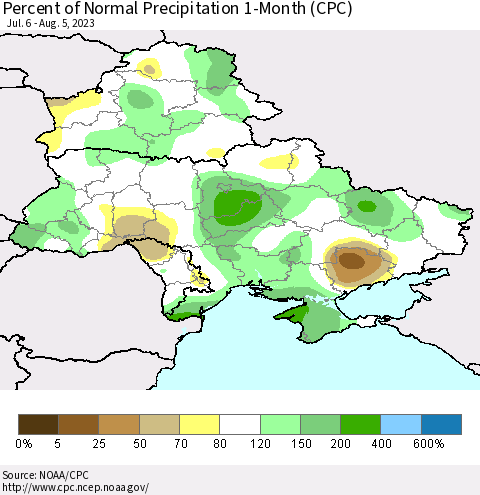 Ukraine, Moldova and Belarus Percent of Normal Precipitation 1-Month (CPC) Thematic Map For 7/6/2023 - 8/5/2023