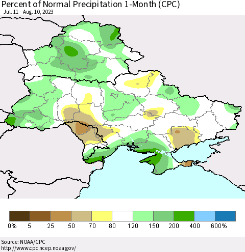 Ukraine, Moldova and Belarus Percent of Normal Precipitation 1-Month (CPC) Thematic Map For 7/11/2023 - 8/10/2023