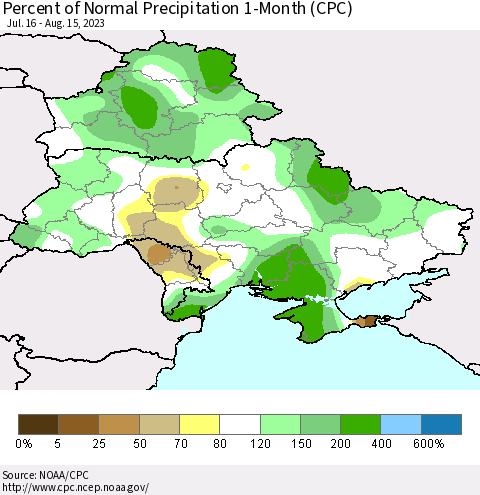 Ukraine, Moldova and Belarus Percent of Normal Precipitation 1-Month (CPC) Thematic Map For 7/16/2023 - 8/15/2023
