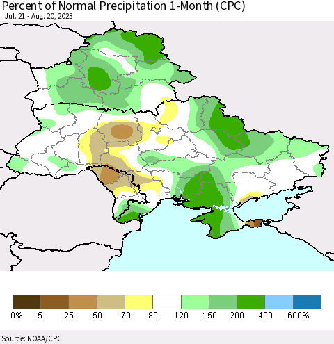 Ukraine, Moldova and Belarus Percent of Normal Precipitation 1-Month (CPC) Thematic Map For 7/21/2023 - 8/20/2023