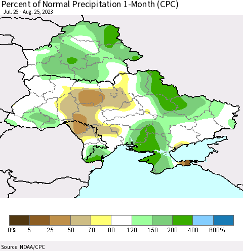 Ukraine, Moldova and Belarus Percent of Normal Precipitation 1-Month (CPC) Thematic Map For 7/26/2023 - 8/25/2023