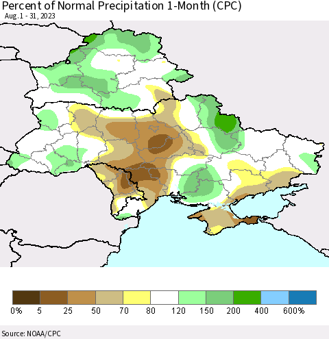 Ukraine, Moldova and Belarus Percent of Normal Precipitation 1-Month (CPC) Thematic Map For 8/1/2023 - 8/31/2023