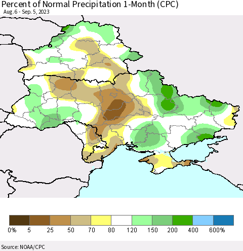 Ukraine, Moldova and Belarus Percent of Normal Precipitation 1-Month (CPC) Thematic Map For 8/6/2023 - 9/5/2023