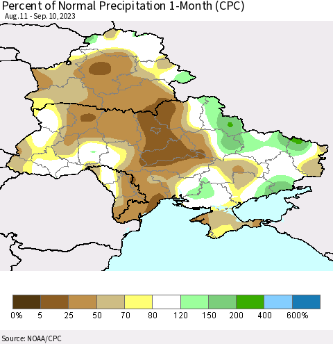 Ukraine, Moldova and Belarus Percent of Normal Precipitation 1-Month (CPC) Thematic Map For 8/11/2023 - 9/10/2023