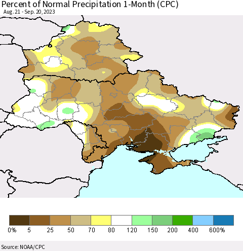 Ukraine, Moldova and Belarus Percent of Normal Precipitation 1-Month (CPC) Thematic Map For 8/21/2023 - 9/20/2023