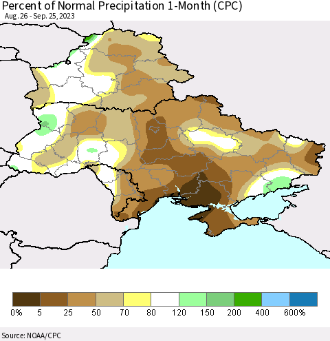 Ukraine, Moldova and Belarus Percent of Normal Precipitation 1-Month (CPC) Thematic Map For 8/26/2023 - 9/25/2023