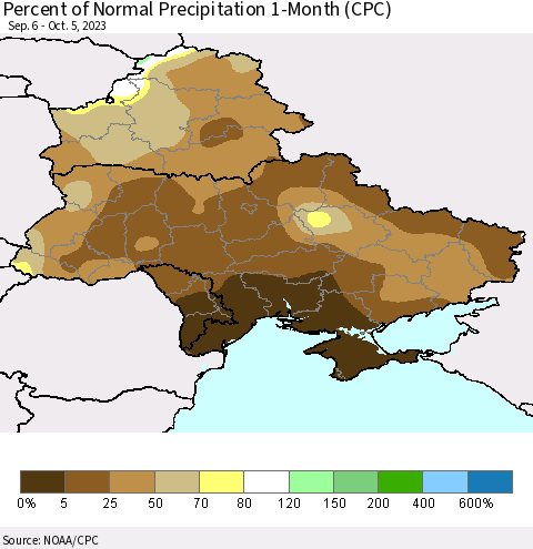 Ukraine, Moldova and Belarus Percent of Normal Precipitation 1-Month (CPC) Thematic Map For 9/6/2023 - 10/5/2023