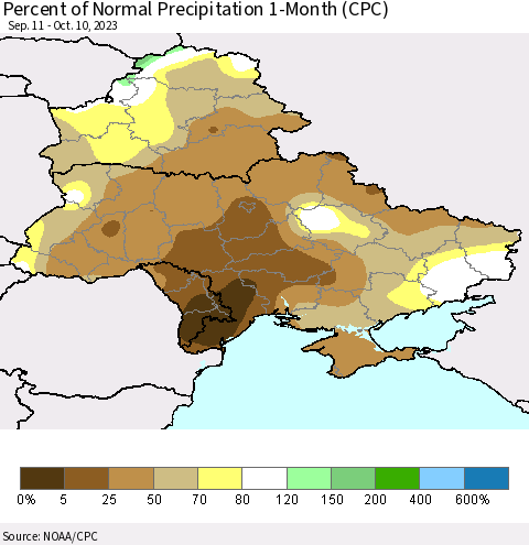 Ukraine, Moldova and Belarus Percent of Normal Precipitation 1-Month (CPC) Thematic Map For 9/11/2023 - 10/10/2023