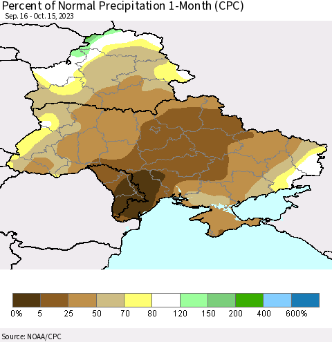 Ukraine, Moldova and Belarus Percent of Normal Precipitation 1-Month (CPC) Thematic Map For 9/16/2023 - 10/15/2023