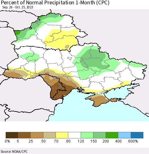 Ukraine, Moldova and Belarus Percent of Normal Precipitation 1-Month (CPC) Thematic Map For 9/26/2023 - 10/25/2023