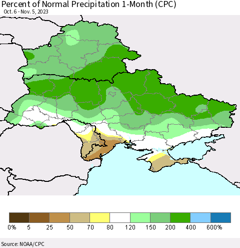 Ukraine, Moldova and Belarus Percent of Normal Precipitation 1-Month (CPC) Thematic Map For 10/6/2023 - 11/5/2023