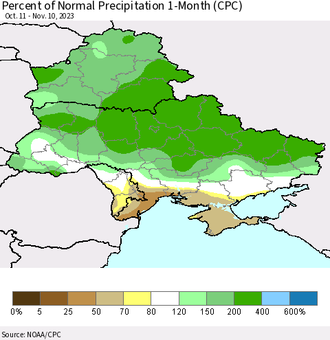 Ukraine, Moldova and Belarus Percent of Normal Precipitation 1-Month (CPC) Thematic Map For 10/11/2023 - 11/10/2023