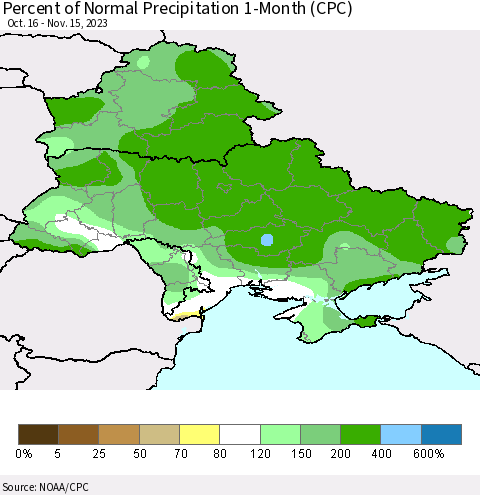 Ukraine, Moldova and Belarus Percent of Normal Precipitation 1-Month (CPC) Thematic Map For 10/16/2023 - 11/15/2023