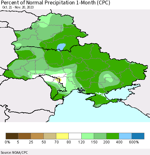 Ukraine, Moldova and Belarus Percent of Normal Precipitation 1-Month (CPC) Thematic Map For 10/21/2023 - 11/20/2023
