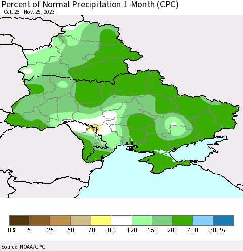 Ukraine, Moldova and Belarus Percent of Normal Precipitation 1-Month (CPC) Thematic Map For 10/26/2023 - 11/25/2023