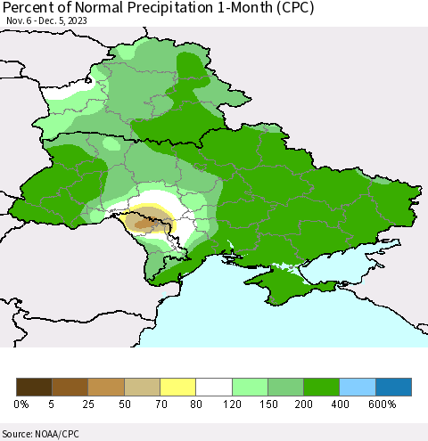 Ukraine, Moldova and Belarus Percent of Normal Precipitation 1-Month (CPC) Thematic Map For 11/6/2023 - 12/5/2023