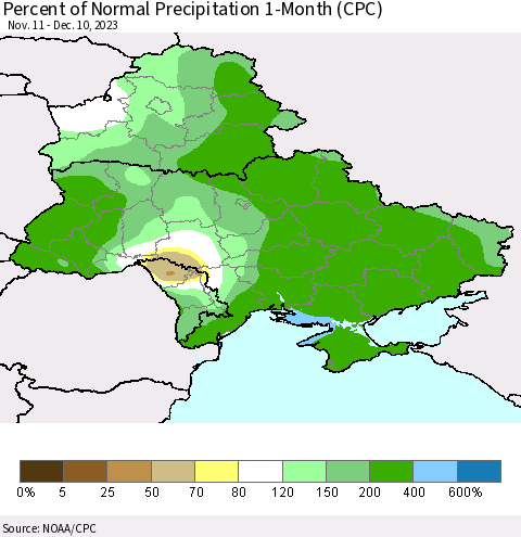 Ukraine, Moldova and Belarus Percent of Normal Precipitation 1-Month (CPC) Thematic Map For 11/11/2023 - 12/10/2023