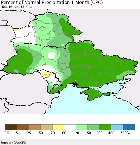 Ukraine, Moldova and Belarus Percent of Normal Precipitation 1-Month (CPC) Thematic Map For 11/16/2023 - 12/15/2023