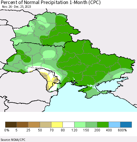 Ukraine, Moldova and Belarus Percent of Normal Precipitation 1-Month (CPC) Thematic Map For 11/26/2023 - 12/25/2023