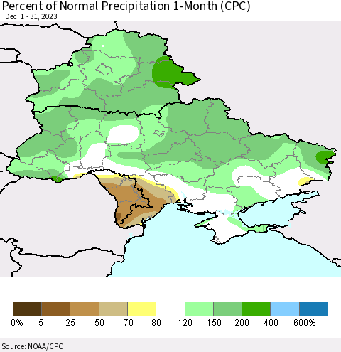 Ukraine, Moldova and Belarus Percent of Normal Precipitation 1-Month (CPC) Thematic Map For 12/1/2023 - 12/31/2023
