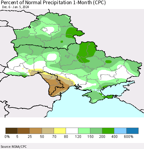 Ukraine, Moldova and Belarus Percent of Normal Precipitation 1-Month (CPC) Thematic Map For 12/6/2023 - 1/5/2024