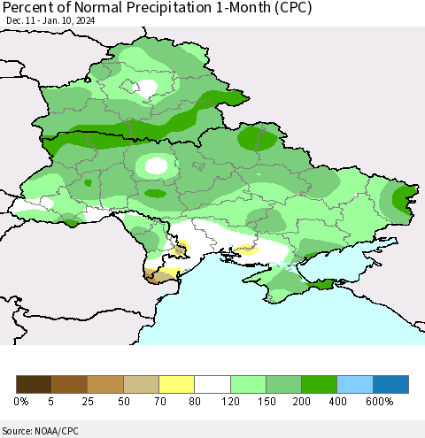 Ukraine, Moldova and Belarus Percent of Normal Precipitation 1-Month (CPC) Thematic Map For 12/11/2023 - 1/10/2024