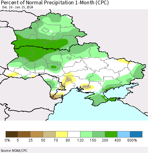 Ukraine, Moldova and Belarus Percent of Normal Precipitation 1-Month (CPC) Thematic Map For 12/16/2023 - 1/15/2024