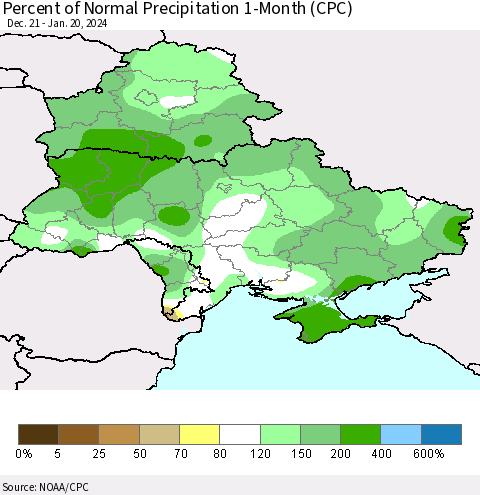 Ukraine, Moldova and Belarus Percent of Normal Precipitation 1-Month (CPC) Thematic Map For 12/21/2023 - 1/20/2024