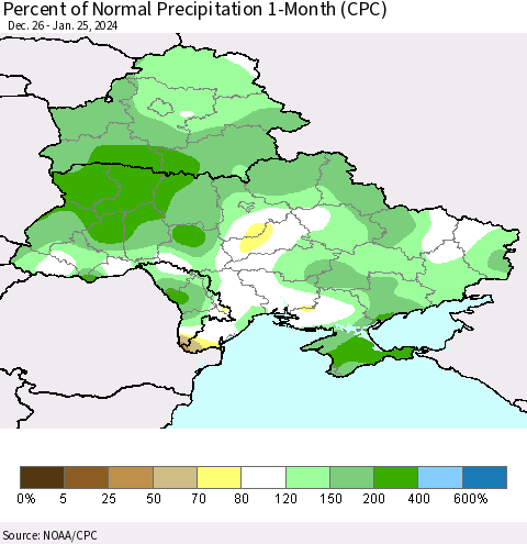 Ukraine, Moldova and Belarus Percent of Normal Precipitation 1-Month (CPC) Thematic Map For 12/26/2023 - 1/25/2024