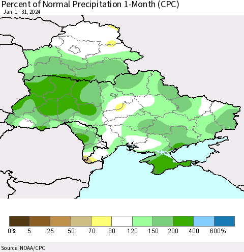 Ukraine, Moldova and Belarus Percent of Normal Precipitation 1-Month (CPC) Thematic Map For 1/1/2024 - 1/31/2024