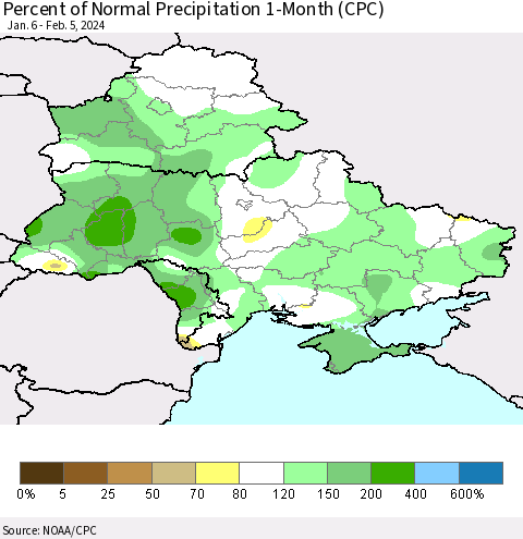 Ukraine, Moldova and Belarus Percent of Normal Precipitation 1-Month (CPC) Thematic Map For 1/6/2024 - 2/5/2024