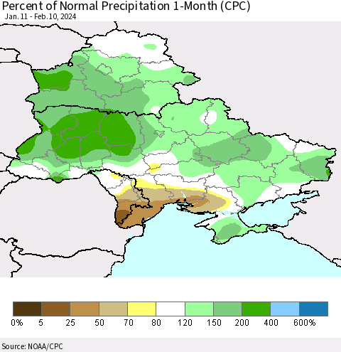 Ukraine, Moldova and Belarus Percent of Normal Precipitation 1-Month (CPC) Thematic Map For 1/11/2024 - 2/10/2024