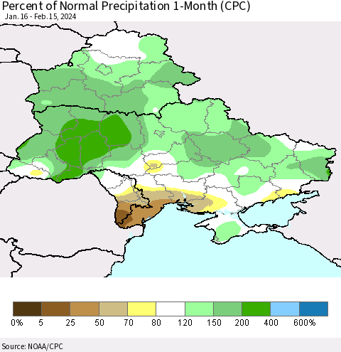 Ukraine, Moldova and Belarus Percent of Normal Precipitation 1-Month (CPC) Thematic Map For 1/16/2024 - 2/15/2024