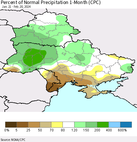 Ukraine, Moldova and Belarus Percent of Normal Precipitation 1-Month (CPC) Thematic Map For 1/21/2024 - 2/20/2024