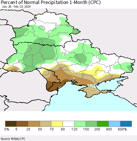 Ukraine, Moldova and Belarus Percent of Normal Precipitation 1-Month (CPC) Thematic Map For 1/26/2024 - 2/25/2024