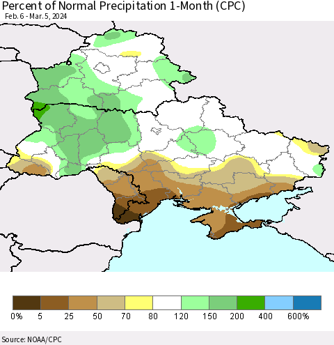 Ukraine, Moldova and Belarus Percent of Normal Precipitation 1-Month (CPC) Thematic Map For 2/6/2024 - 3/5/2024