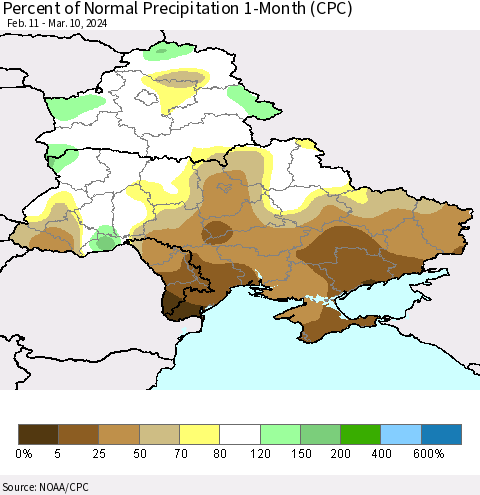 Ukraine, Moldova and Belarus Percent of Normal Precipitation 1-Month (CPC) Thematic Map For 2/11/2024 - 3/10/2024