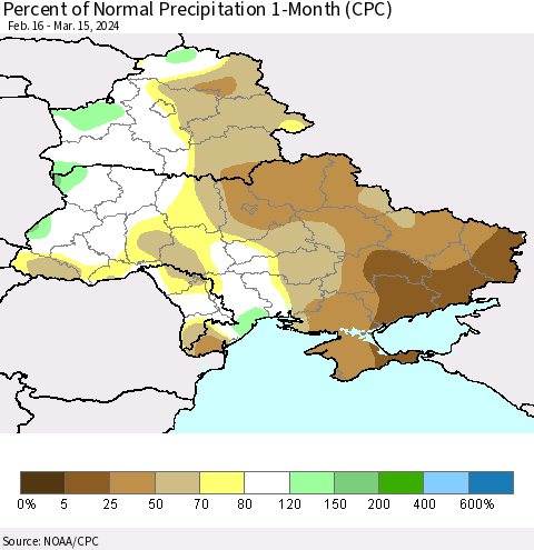 Ukraine, Moldova and Belarus Percent of Normal Precipitation 1-Month (CPC) Thematic Map For 2/16/2024 - 3/15/2024