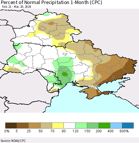 Ukraine, Moldova and Belarus Percent of Normal Precipitation 1-Month (CPC) Thematic Map For 2/21/2024 - 3/20/2024