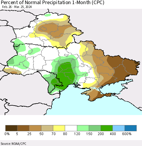 Ukraine, Moldova and Belarus Percent of Normal Precipitation 1-Month (CPC) Thematic Map For 2/26/2024 - 3/25/2024