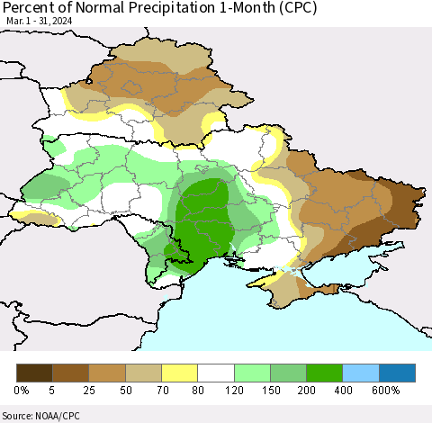 Ukraine, Moldova and Belarus Percent of Normal Precipitation 1-Month (CPC) Thematic Map For 3/1/2024 - 3/31/2024