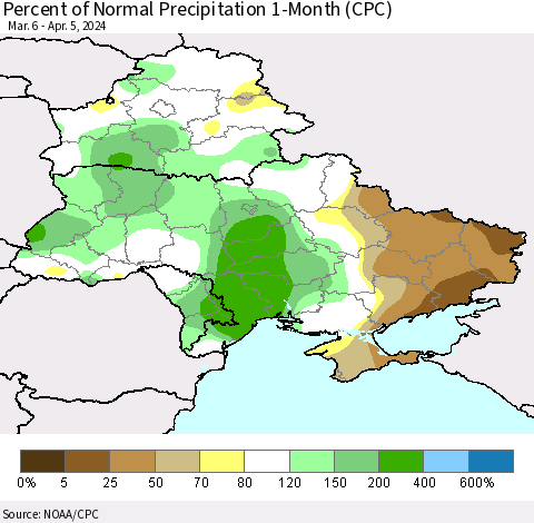 Ukraine, Moldova and Belarus Percent of Normal Precipitation 1-Month (CPC) Thematic Map For 3/6/2024 - 4/5/2024