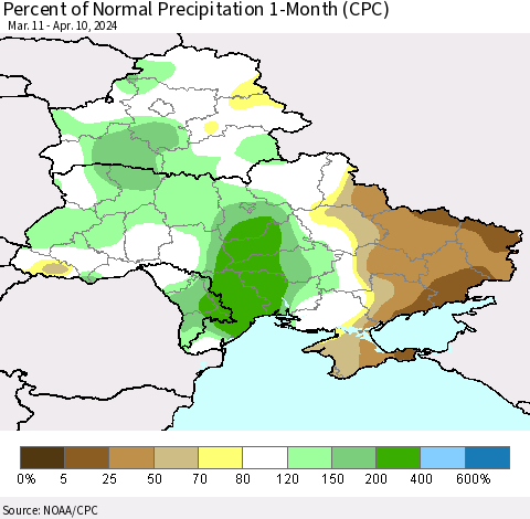 Ukraine, Moldova and Belarus Percent of Normal Precipitation 1-Month (CPC) Thematic Map For 3/11/2024 - 4/10/2024